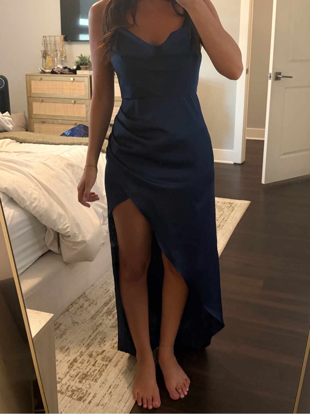 Elegant Navy Satin Asymmetrical Dress - Women